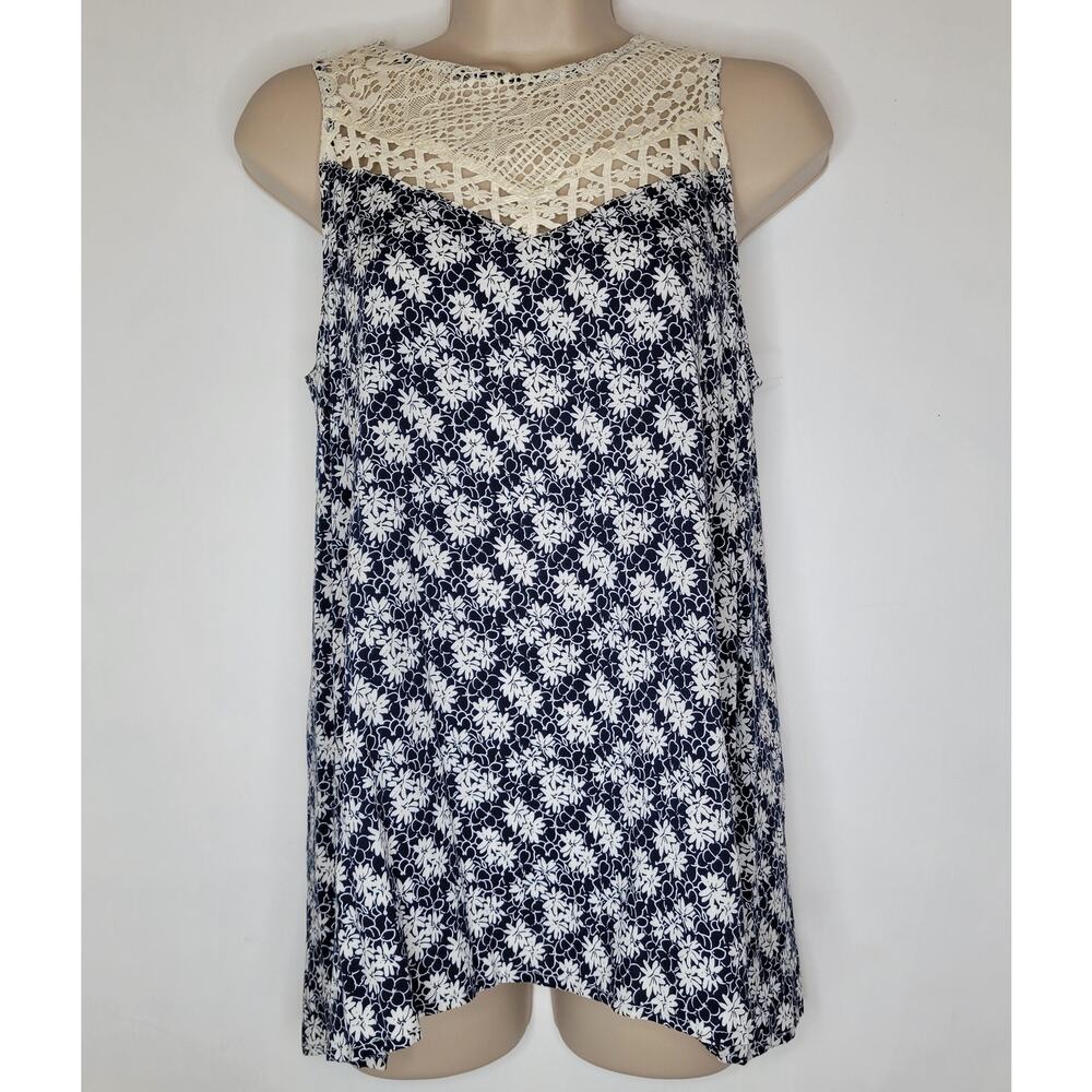 *NWT* ODDY Crochet Lace Trim Open Back Floral Printed Tank Navy Blue Women sz S